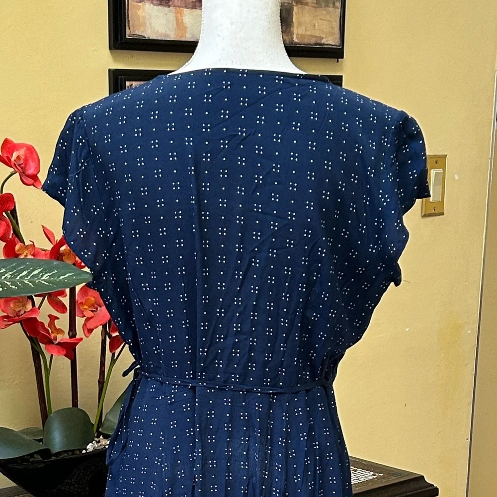 Gap Women’s Navy Blue Dot Print Short Sleeve Full Maxi Wrap Dress Tie Waist Med - Picture 11 of 16